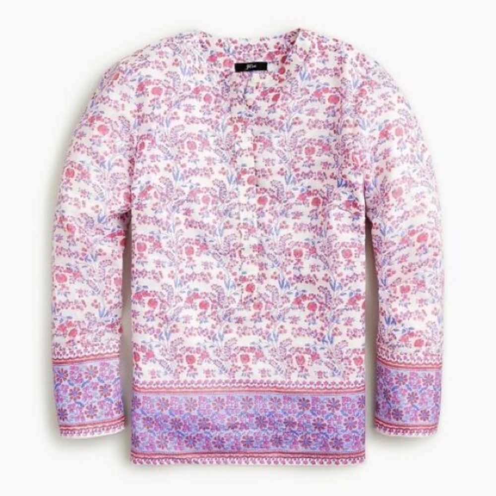 JCrew Iris Block Print Tunic Top, pink purple floral block print